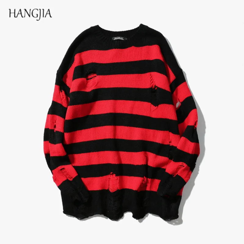 Suéteres de rayas negras y rojas para hombres y mujeres, suéter rasgado, desgastado, de punto con agujeros, de gran tamaño, Harajuku