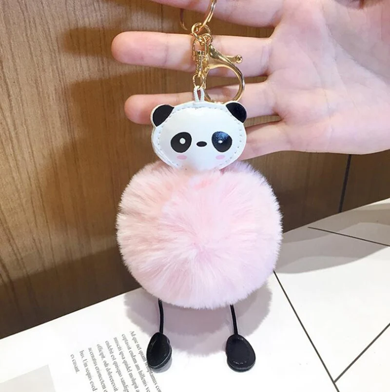 Pink Милые пушистые Для женщин кожаные брелки голова панды брелоки помпон из искусственного меха мяч автомобильный брелок с кисточкой помпоном украшения подарок - Цвет: Pink