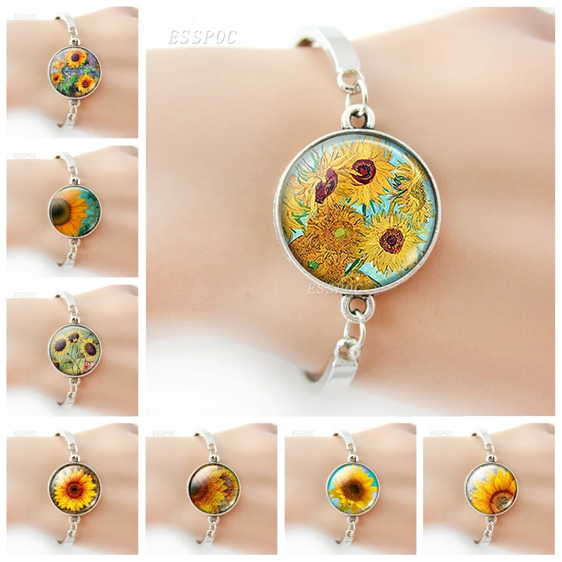 Fashion Accessories Sunflower Glass Cabochon Charm Bracelet Bangle Women Jewelry Valentines Day Gift | Украшения и аксессуары