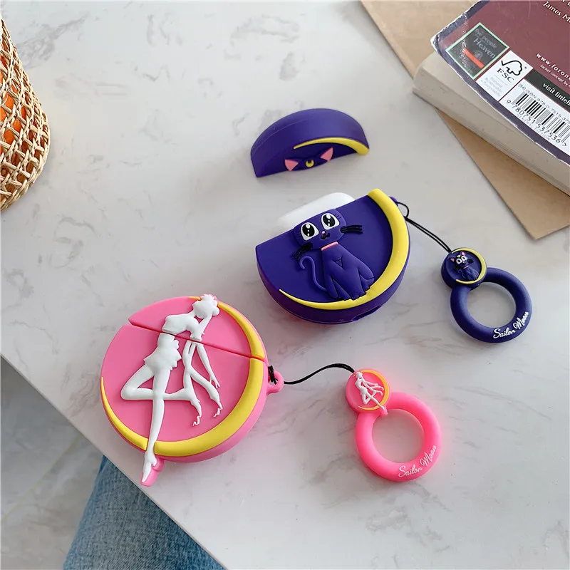 Чехол для AirPods с милым рисунком, чехол для наушников s для Airpods 2, аксессуары, Защитная крышка с кольцом на палец, уникальный Сейлор Мун