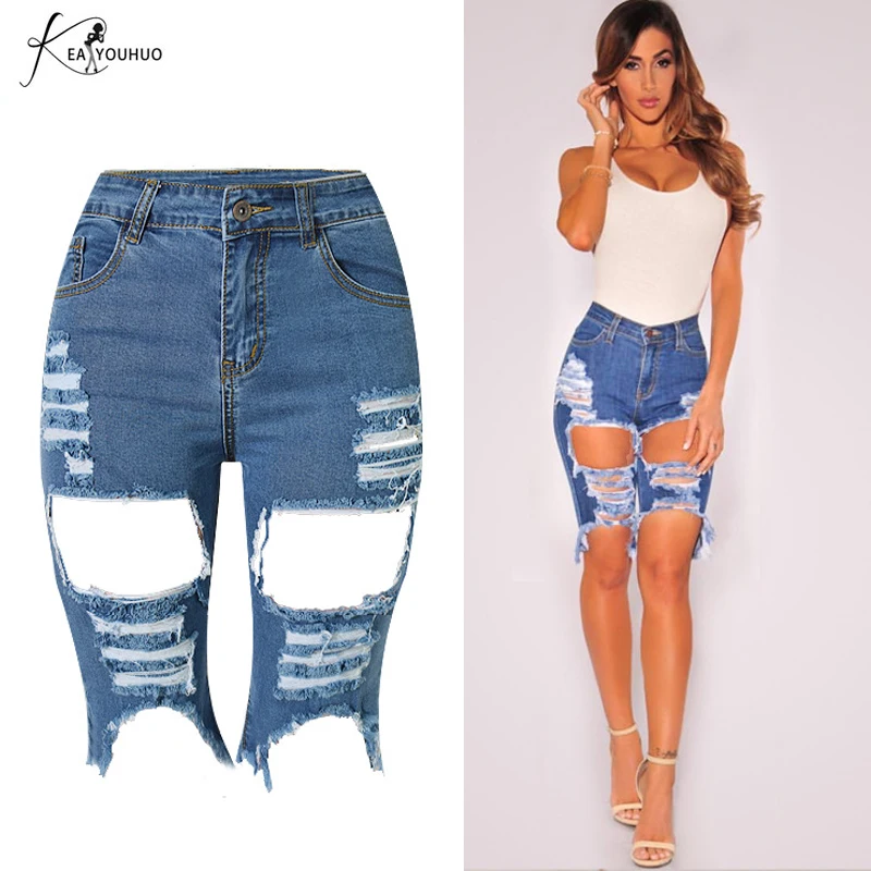 

Женские джинсы с завышенной талией, джинсовые шорты до колен для женщин, брендовые летние популярные джинсы, хлопковые джинсовые брюки с ка...