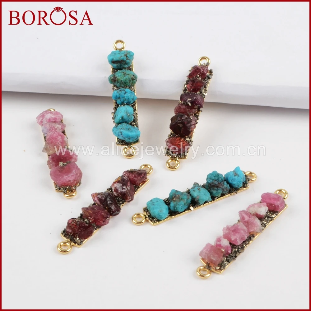 

BOROSA 5pcs Gold Color Multi-kind Stone Druzy Chips Connector Double Bails Drusy Charm for Bracelet Gems Necklace Jewelry G1361