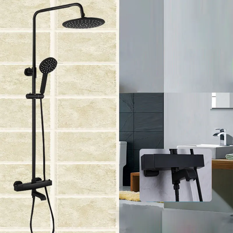 

Bathroom shower faucet black/chrome thermostatic shwoer system round rainfall shower head mixer taps 3 functions 0109