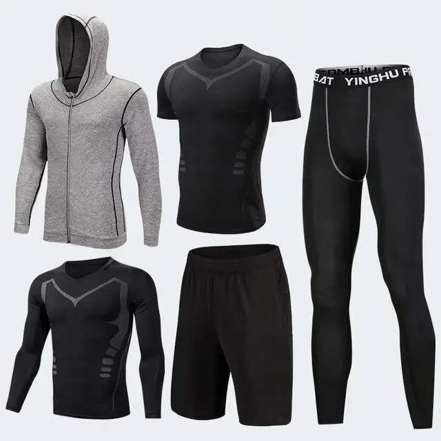 5pcs KH grey set Мужская спортивная одежда, Компрессионные спортивные костюмы, одежда для тренировок, Гимнастические Колготки, набор для бега, Быстросохнущий Спортивный костюм размера плюс - Цвет: 5pcs KH grey set