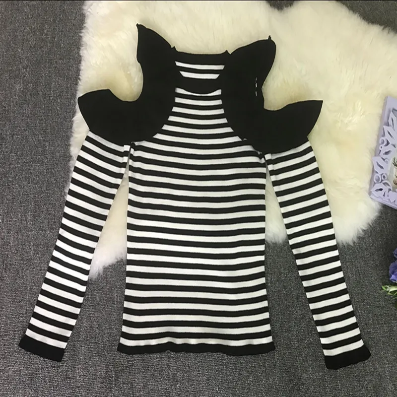 Elegant Woman Knitted Striped Sweater Tops Off Shoulder Long-sleeved Knitting Sweaters Pullover | Женская одежда