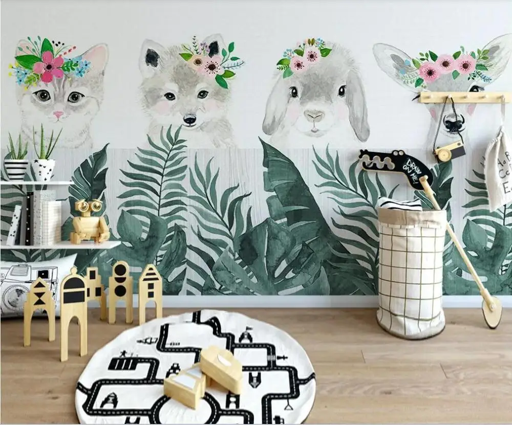 

Customized large-scale 3D mural wallpaper hand-painted animal green plants children's room background wall