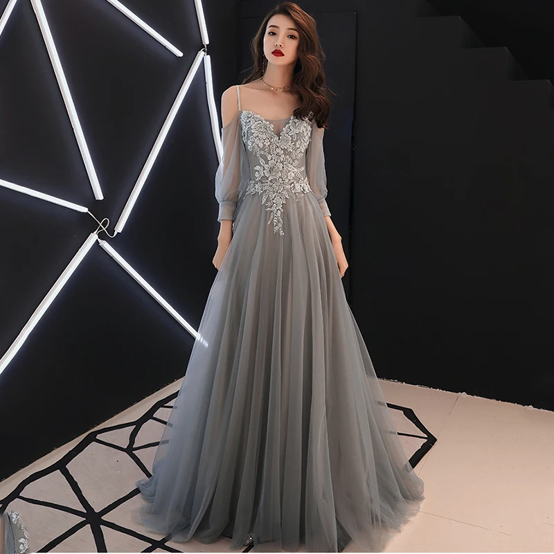 Серые аппликации перспективное женское вечернее платье-макси Vestidos сексуальное роскошное элегантное Сетчатое платье длинное Открытое Платье De Soiree