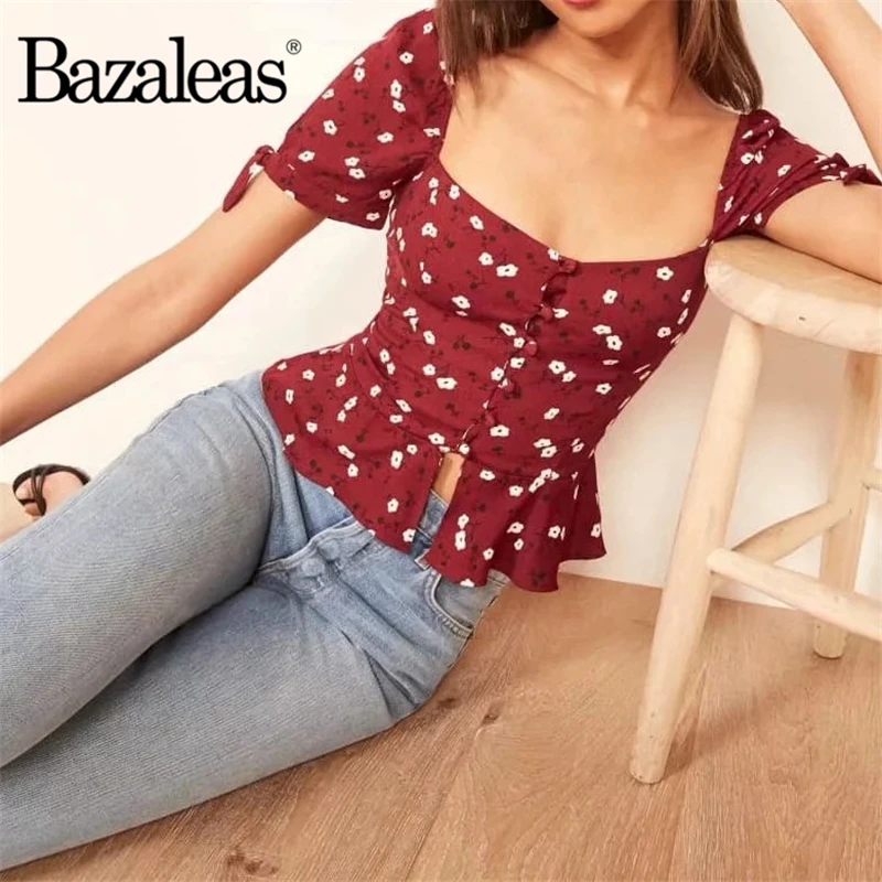 Feminina центральные значки blusas топы модная красная блузка с цветочным принтом