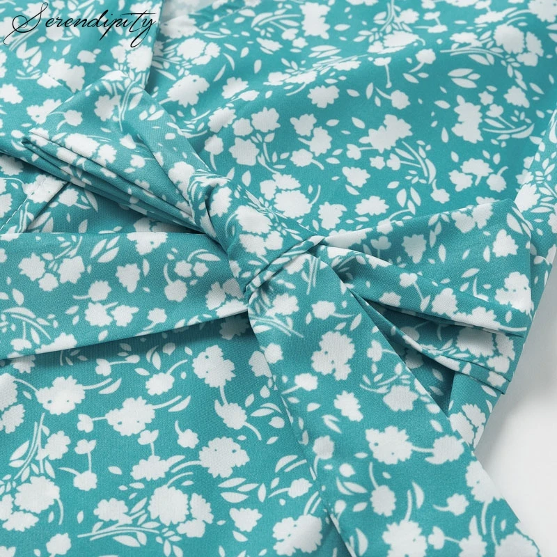 SRDP Элегантное летнее женское платье с принтом v образным вырезом рюшами и поясом