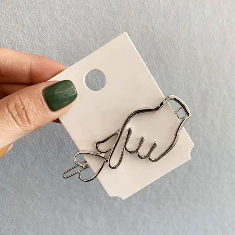 Korean Creative Finger Heart Shaped Bobby Pins Women Girls Polished Metallic Gold Silver Hair Clips Hollow Geometric Barrettes| |