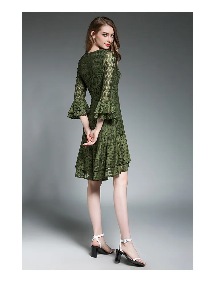 2017 Summer Elegant High Quality Sexy Lace Dress Seven Horns Sleeves O-Neck Asymmetrical Flare-Length | Женская одежда