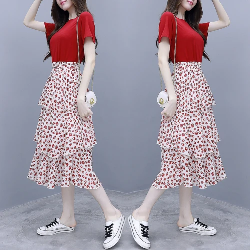 Korean Red Women Skirt Set Short Sleeve 2 Piece Womens Tops And Blouses Floral Maxi Outfit Woman Top Sets |