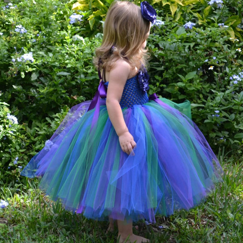 Blue &amp Purple Flower Girl Peacock Tutu Dress Wedding Birthday Party Girls Halloween Costume Kids Ball Gown 1-14 | Детская одежда и