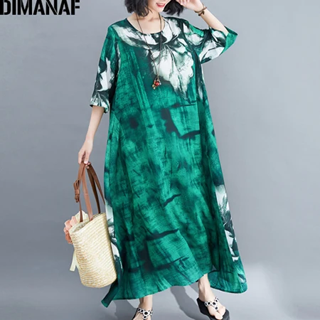 Jing95085CN-green DIMANAF, женское платье большого размера, винтажное, большой размер, хлопок, женское, Vestidos, ТРАПЕЦИЕВИДНОЕ, летнее, сарафан, свободный, с принтом, для девушек, элегантное, длинное платье - Цвет: Jing95085CN-green