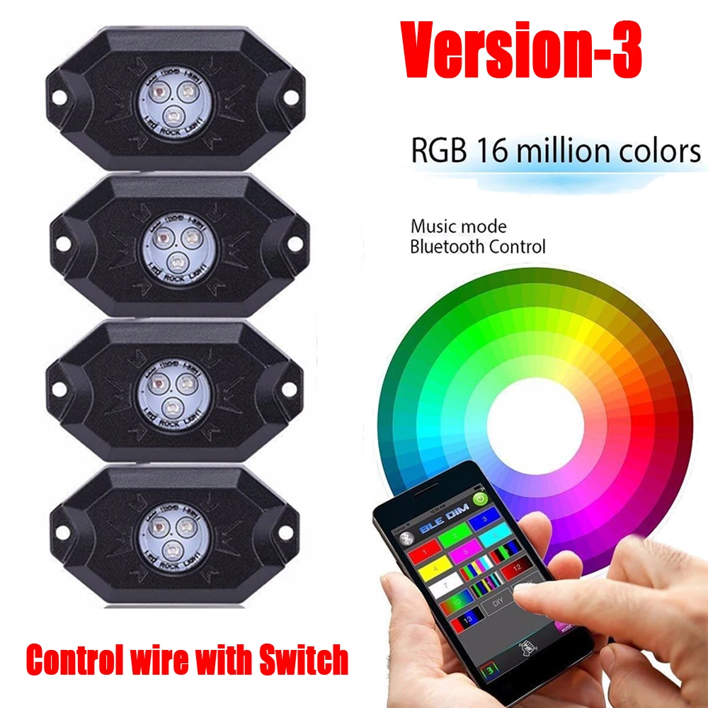 

4 Pods RGB LED Rock Lights & Wiring Harness Kit Bluetooth & Manual Mode Remote Control For Off Road Truck ATV SUV Vehicle Boat