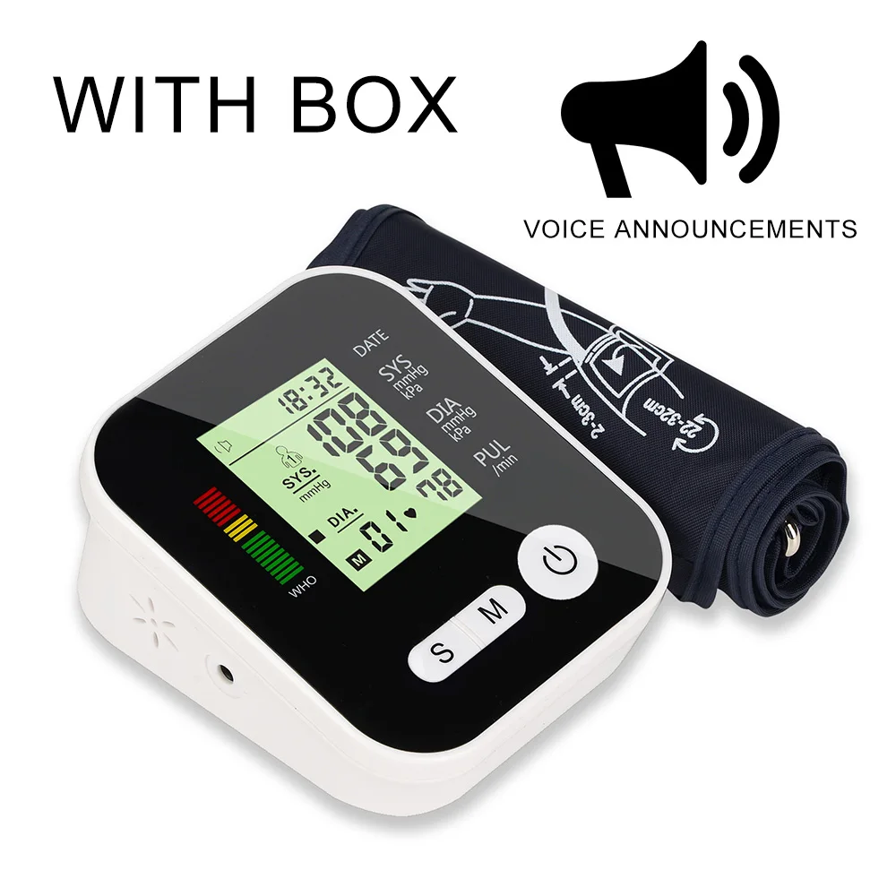 voice with box Медицинское оборудование, Электрический монитор артериального давления на руку, тонометр для измерения сердечного ритма, прибор для измерения кровяного давления - Цвет: voice with box