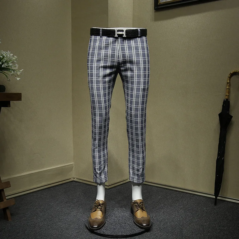 Мужские брюки 25% хлопок 10% лен синий плед укороченные брюки slim fit Мужской Костюм Уличная летняя новое поступление Свадебный Жених