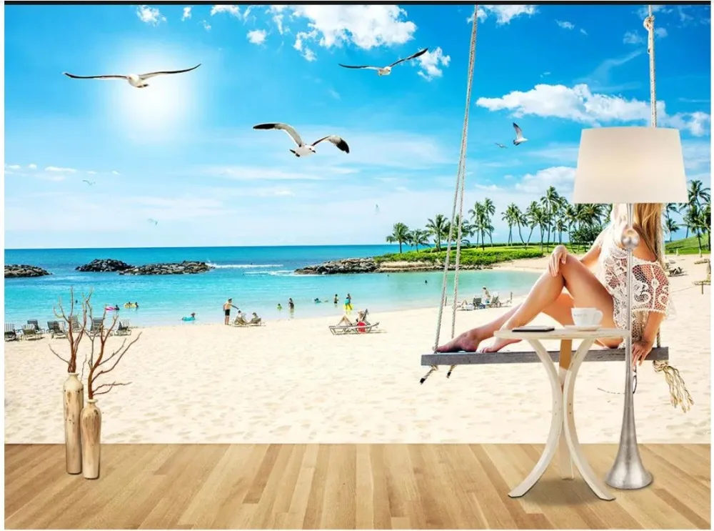 Пользовательские фото обои 3d для стен 3 d море пейзаж фрески пляж дерево фон