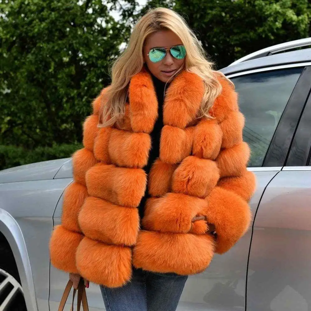 orange Зимние натуральным лисьим мехом пальто Для женщин теплый натуральный Цвет лиса меховая куртка женская из лисьего меха пальто Костюмы - Цвет: orange