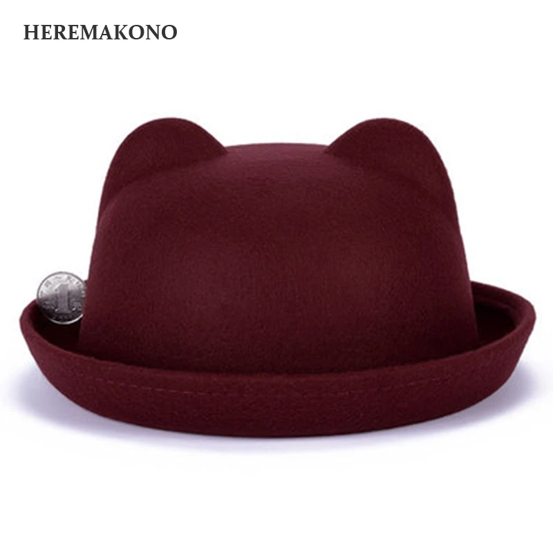 Heremakono Осенне зимняя Дамская обувь Fedora Шапки с милые кошачьи уши Дамы Roll Up Фетр