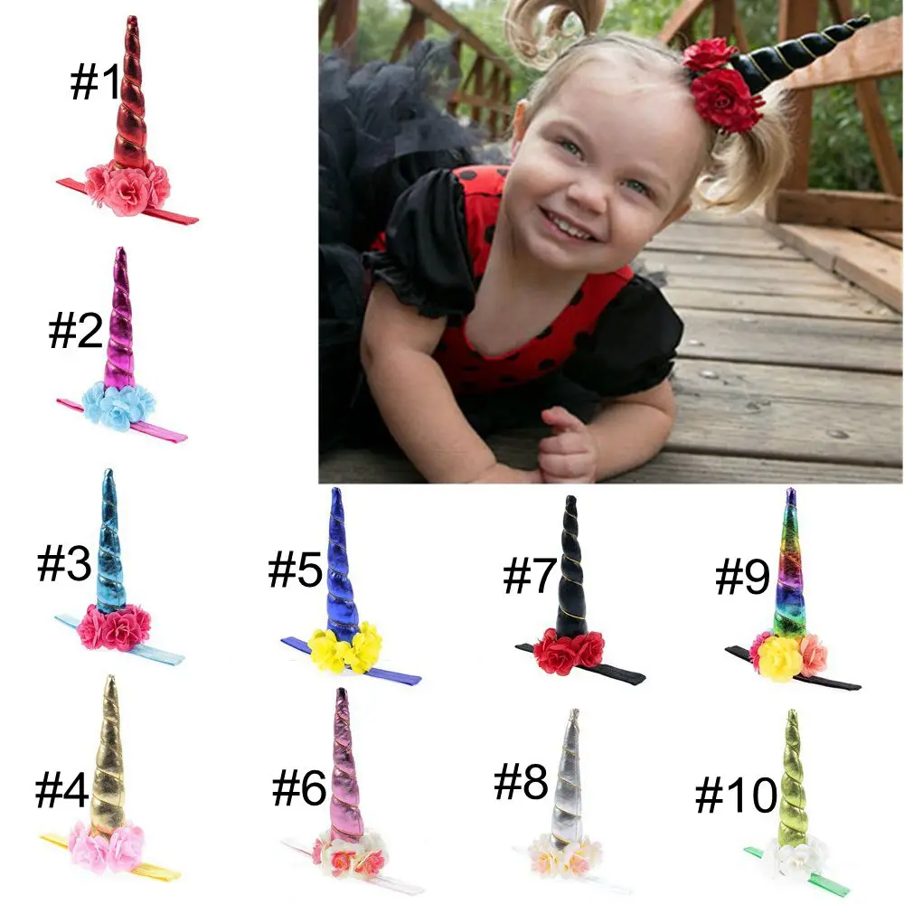 

Yundfly Новый новорожденный Блестящий однотонный цветок Единорог Рога головная повязка Детская повязка на голову с большим цветком для девочки