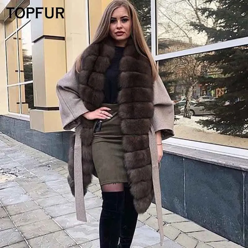 Shawl Style Genuine Fox Fur Patchwork Woolen Jacket Women Winter Luxury Fashion Outertwear V-neck Belt Fox Fur Coat Female enlarge