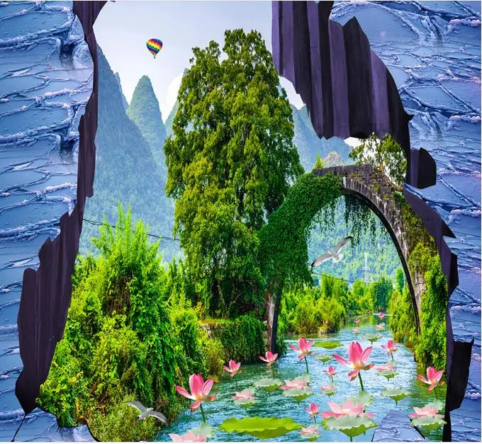 3D Flooring Flying bird stream lotus Wallpaper For Walls 3 D Living room Bathroom Floor Tiles PVC Waterproof | Обустройство дома