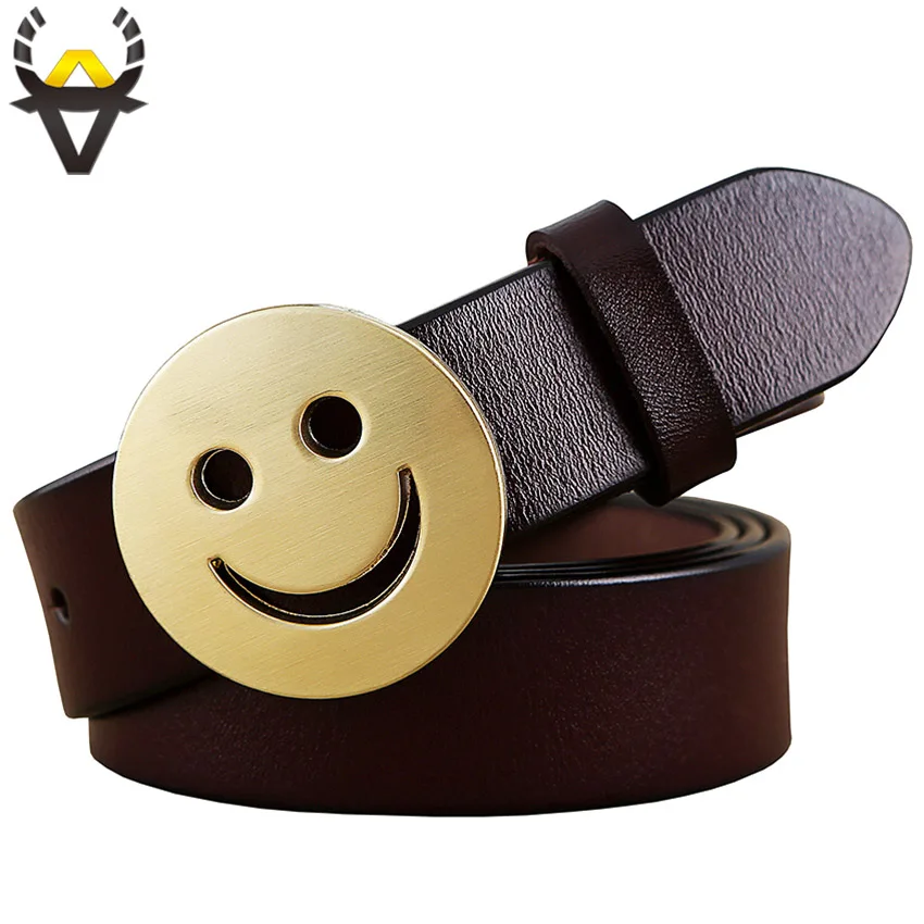 Женский кожаный ремень Smile face модный из натуральной воловьей кожи с пряжкой