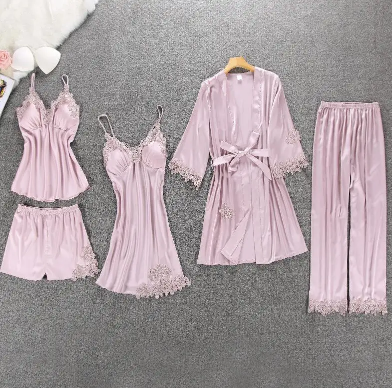 pink Осенние пижамы для женщин 5 шт. пижамные комплекты Домашняя одежда вышивка пижамы lounge с нагрудными накладками пижамы домашний костюм femal - Цвет: pink
