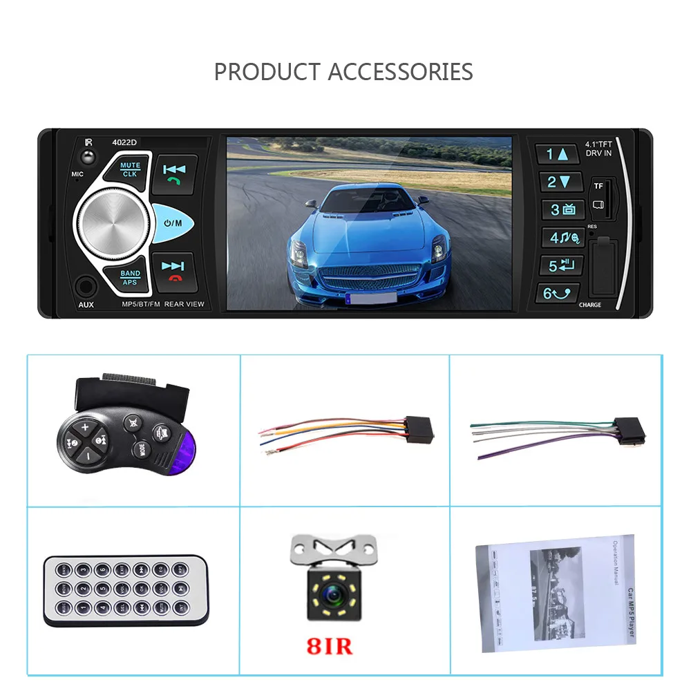 Hikity Автомагнитола 1 din 4022d FM радио авто аудио стерео Bluetooth Автомагнитола Поддержка камеры заднего вида рулевое колесо Contral - Цвет: With 8 IR Camera