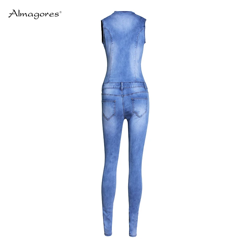 2018 Autumn New Arrival Sleeveless Jumpsuit Sexy Bodysuit Women Denim Playsuit V neck Rompers Girls Pants Pockets Jeans Ladies | Женская