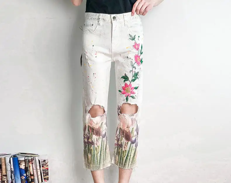 Summer Spring Women White Ripped Hole Printed Floral Pattern Ankle Length Denim Pants Woman Flower Jeans Trousers | Женская одежда