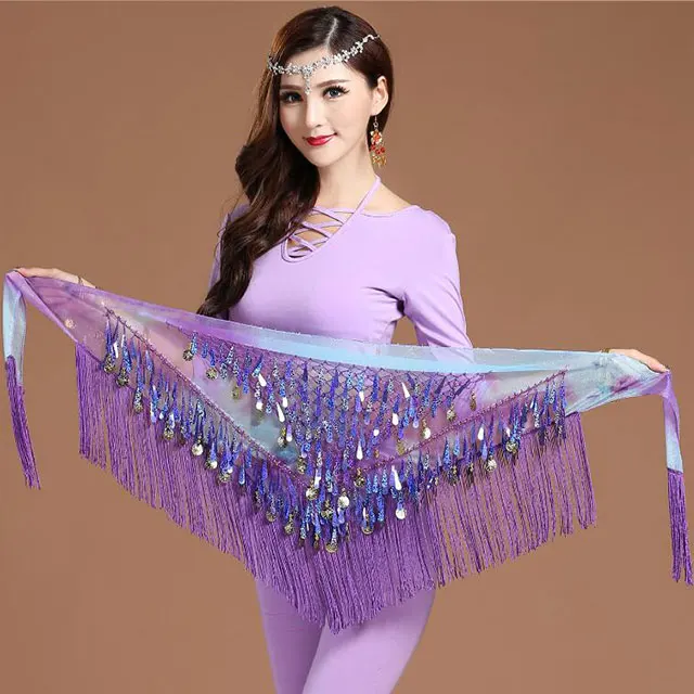 purple Женский шарф, пояс для танца живота, пайетки, кисточка, треугольник, аксессуары, шаль, шифон, бахрома, шарф для монет - Цвет: purple
