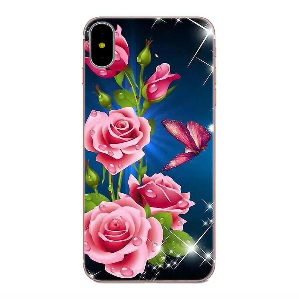 Мягкий защитный чехол из ТПУ с бабочками на белых розах для Apple iPhone 4 4S 5 5C 5S SE 6 6S 7 8