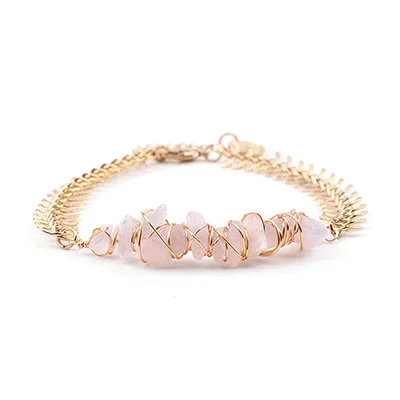 Light Pink Quartz BOJIU, новинка, обернутый натуральный стрейч-камень, браслет, регулируемый, для женщин, золото, серебро, медь, цепь, неправильный гравий, браслет, BC258 - Окраска металла: Light Pink Quartz