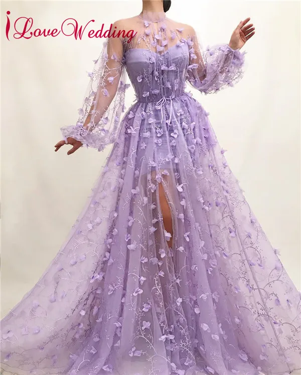 lilac Формальные платья для выпускного вечера, вечерние платья трапециевидной формы с высоким воротом и длинными рукавами, сделанные на заказ, арабские Длинные сиреневые кружевные вечерние платья для выпускного вечера - Цвет: lilac
