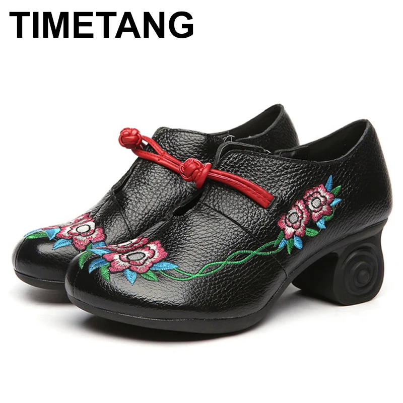 

TIMETANG Lady National Wind Flower High Heels Genuine Leather Pumps Female Shoes Vintage Embroidery Chinese Wind Mother Shoes