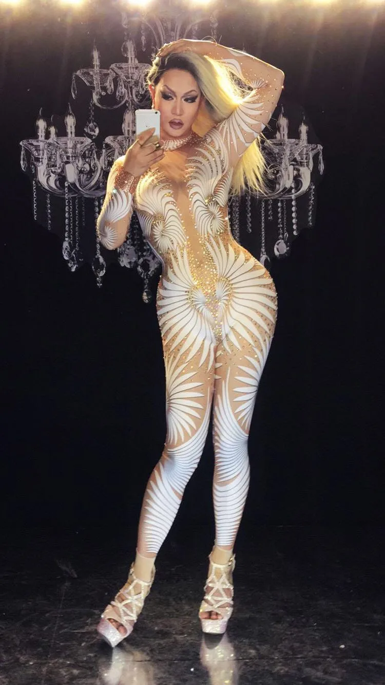 Sexy Кристаллы комбинезон певица танцор Dj костюмы сверкающими Купальник Бар