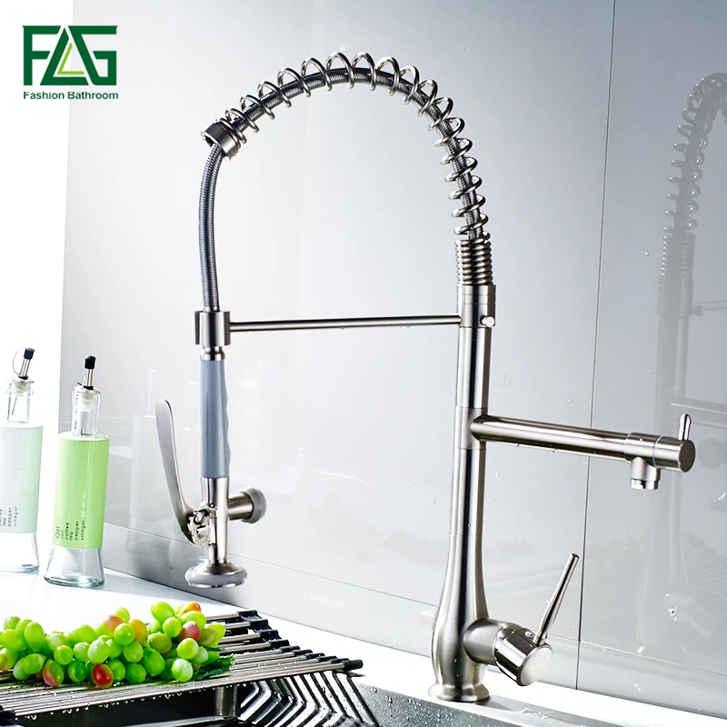 

FLG Spring Style Nickel Brushed Kitchen Faucets Mixer Dual Spray Swivel Spout Rotatable Hot Cold Faucet Sink Mixer Tap 192-33N