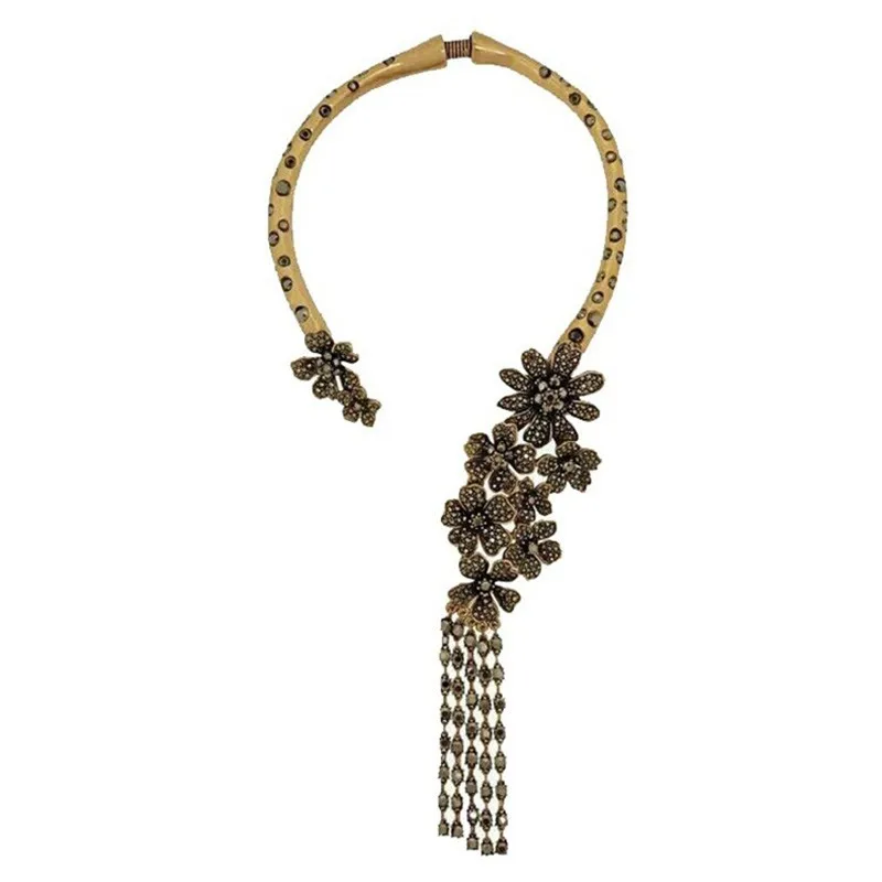 Vintage Ethnic Necklace Women Gold Opening Choker Tribal Female CZ Rhinestone Flower Long Tassel Big Statement | Украшения и
