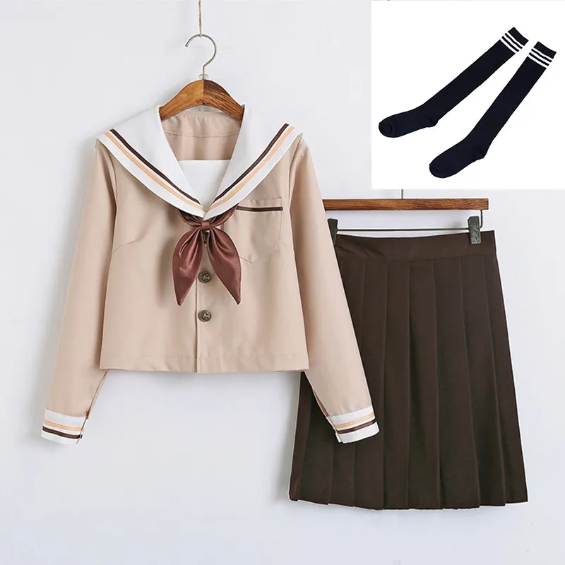 Long Set With Socks Новое поступление, школьная форма в морском стиле, JK, школьная форма s для девочек, рубашка цвета хаки и коричневая юбка, костюмы для студентов, косплей S-2XL - Цвет: Long Set With Socks