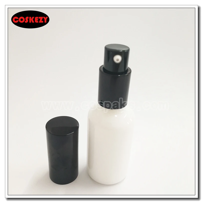 50pcs 1oz  black lotion pump glass packaging , 30ml white glass bottle with lotion pump, glass bottle with aluminum spray pump