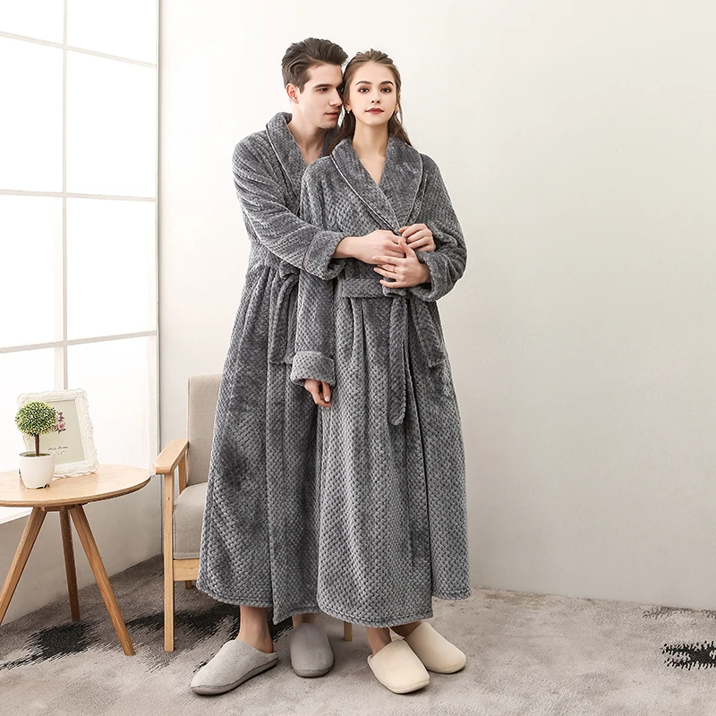 XXXL Winter Flannel Robes Men Long Dressing Gown Women's Sleep Loung Solid Thick Waffle Coral Fleece Bath Robe Couples Sleepwear