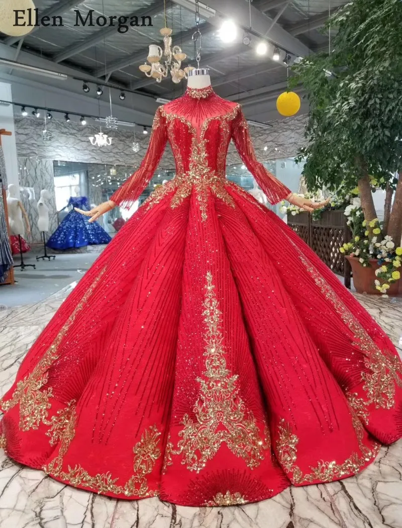 Красное свадебное платье с высоким воротом и длинным рукавом 2019 из блестящей
