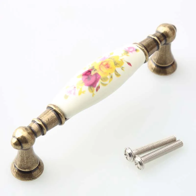 96 мм Модные Винтажные сельские картины керамические ручки для мебели белый шкаф