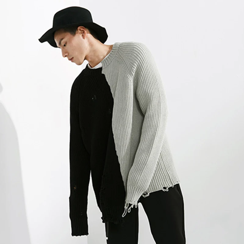 Вязаный свитер в стиле пэчворк с рваными дырами большого размера для мужчин и