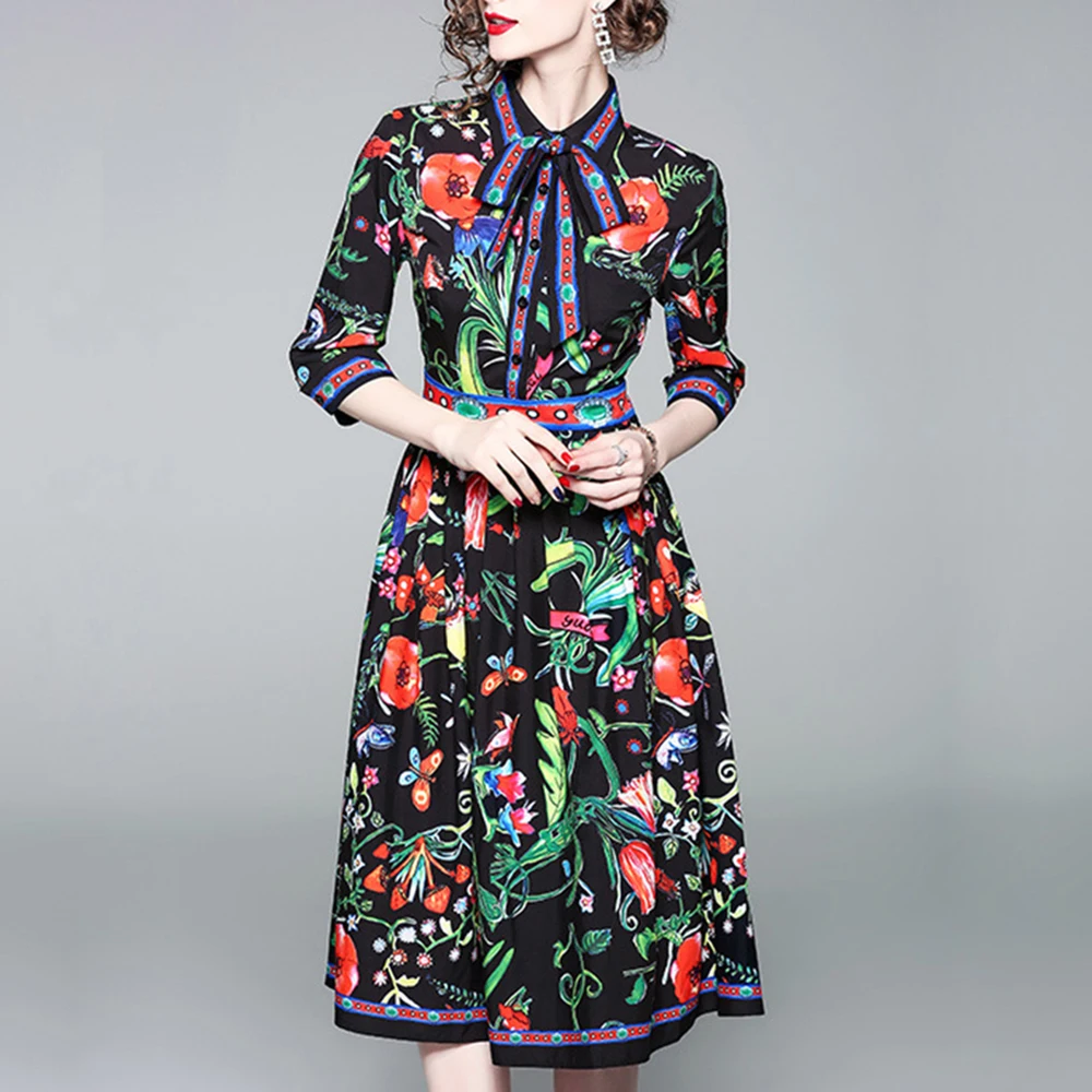 Sisjuly Женщины Ретро Свинг Платье Миди 2019 Осень Бантом Узелка Зимний Лук Ошейник