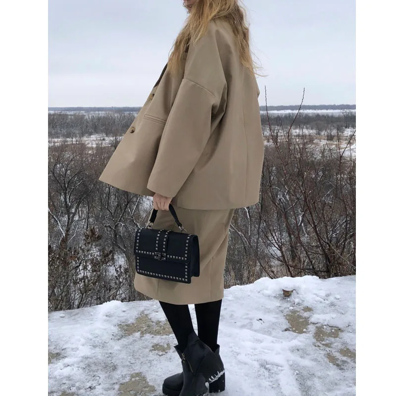 Ellacey, Весенняя мода, женские костюмы с юбкой, офисные, деловые, повседневные, ретро-костюмы, женский Блейзер, раздельная юбка, комплект из 2 предметов