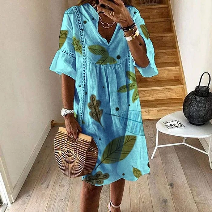 Print Light Blue ELSVIOS, одноцветное, v-образный вырез, лоскутное, Пляжное, летнее платье, женское, повседневное, половина рукава, свободное, мини платье, элегантное, с вырезом, вечерние, платье - Color: Print Light Blue