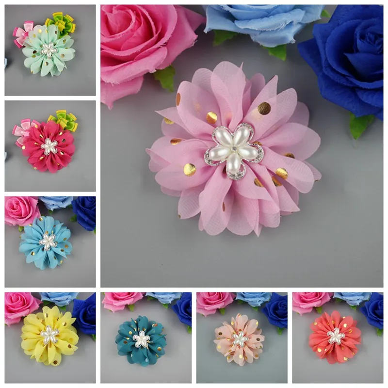 24 шт./лот цветок с оборками в виде лепестков жемчугом по центру цветы из шифоновой